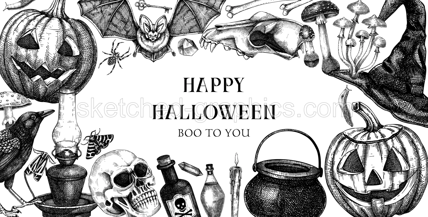 Vintage Halloween frame design. Hand drawn vector illustrations. Skull, bones, Halloween pumpkin, poisonous mushrooms, snakes, raven witch sketches. Halloween party invitation, card template, banner Illustration